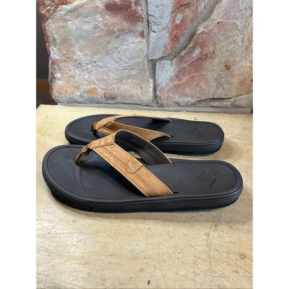 High Tide Men’s Brown Faux Leather Comfort Casual Flip Flop Sandals Size 12